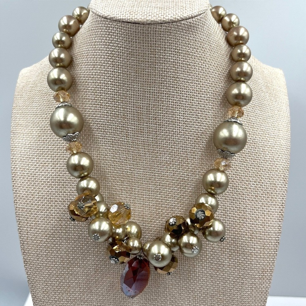 Vintage Faux Pearl & Crystal Statement‎ Necklace Silver Tone Cluster Wedding Bib